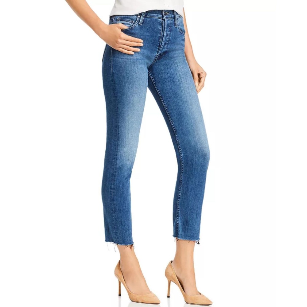 Mother The Dazzler Straight Leg Jeans Womens 25 Blue Raw Hem Button Fly Denim